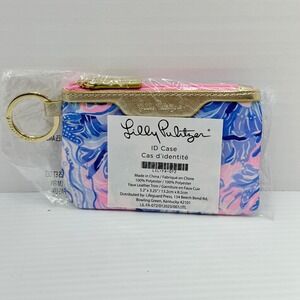 Lilly Pulitzer ID Case Keychain Wallet Card Holder‎ Blue Pink Gold, Fashion